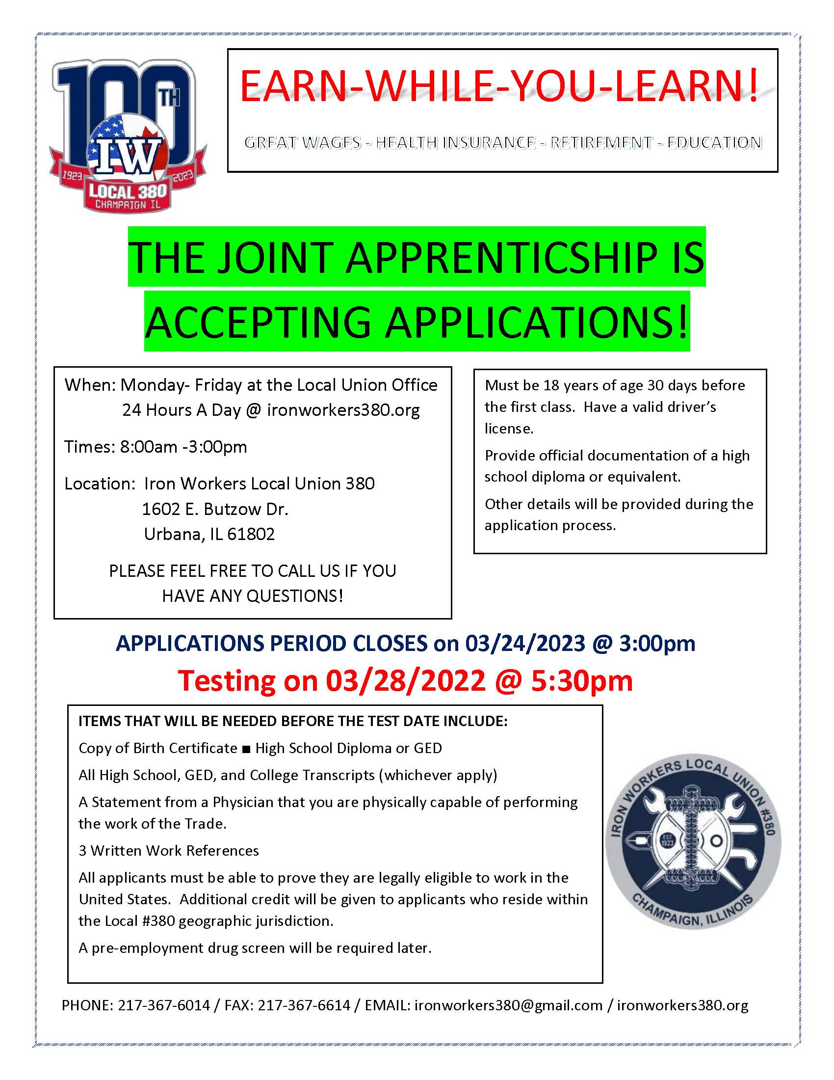 THE JOINT APPRENTICSHIP IS ACCEPTING APPLICATIONS